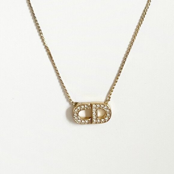 DIOR Vintage Gold Tone Diamante Logo Pendant Necklace - Picture 9 of 9
